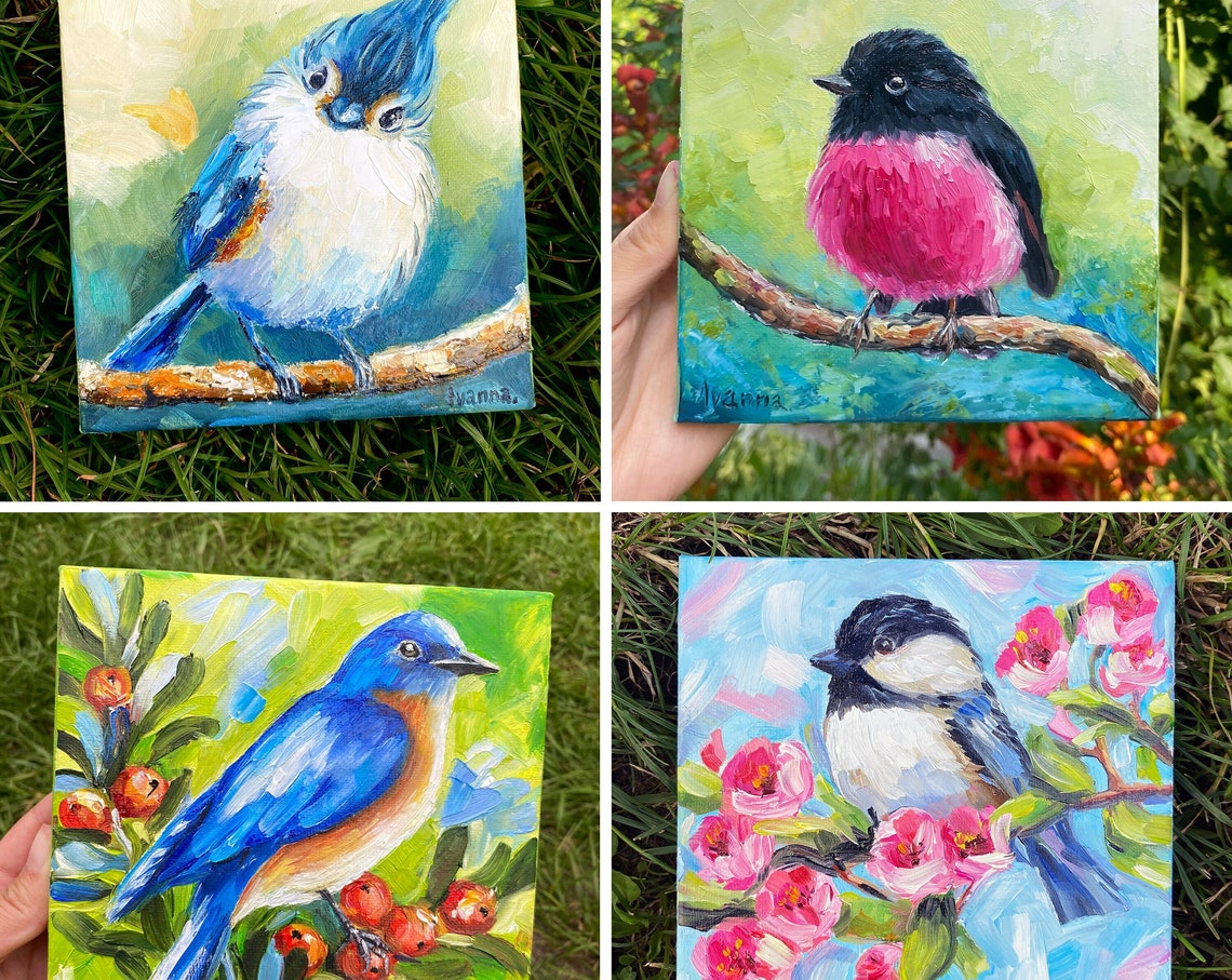 Set Of Four Mini Bird Paintings Chickadee Bluebird Art Prints