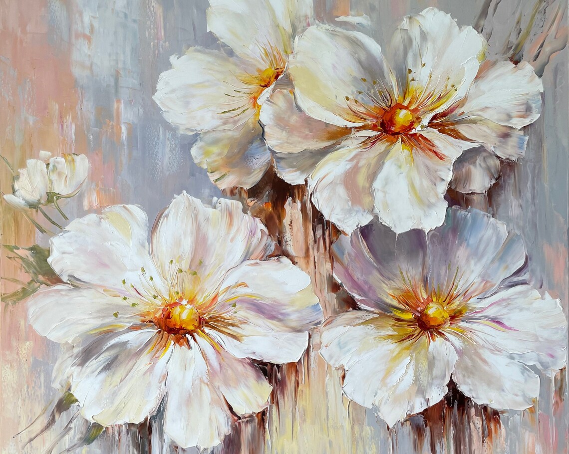 White Cosmos Flowers Golden Centers Pastel Abstract Floral Art Poster - Image 2