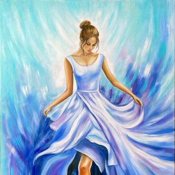 Dancing Woman Flowing Blue Dress Swirling Abstract Motion Art Poster