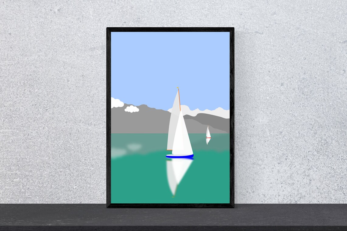 Lake With Mountains and Boats, Minimal Modern Art Print