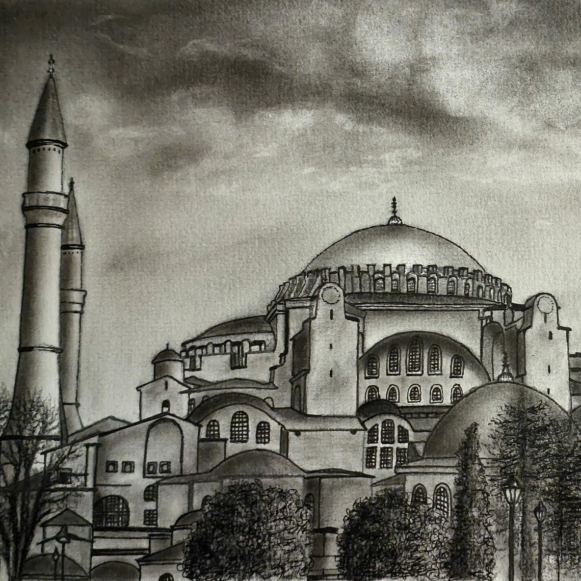 Hagia Sophia Mosque Istanbul Charcoal Sketch Landmark Drawing Poster