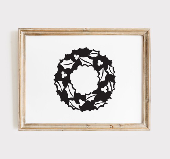 Black Holly Wreath Minimalist Christmas Botanical Holiday Poster