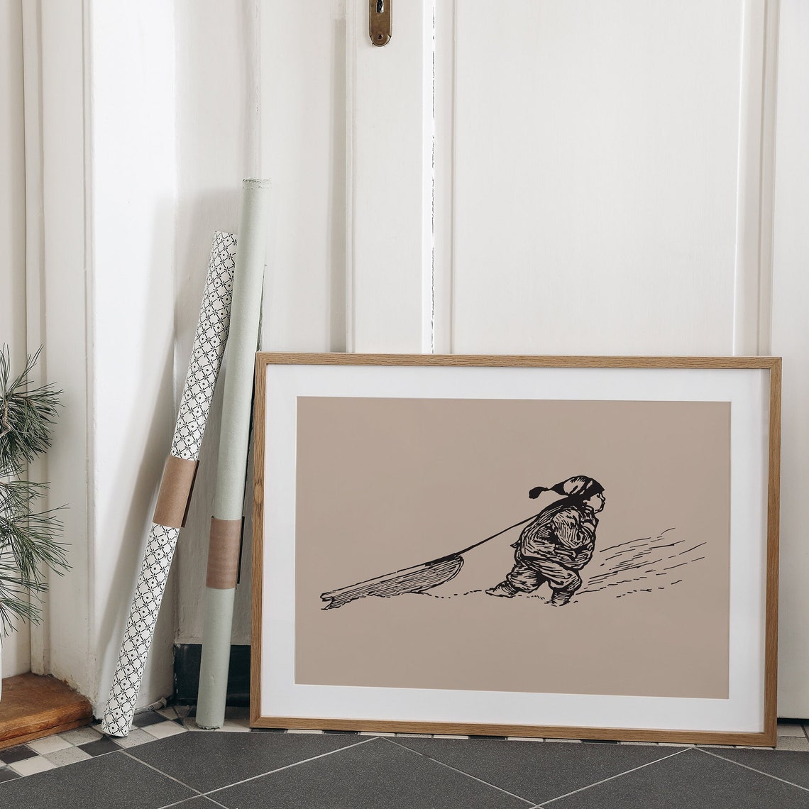 Vintage Boy Pulling Sled Snow Sketch Retro Christmas Winter Poster - Image 2
