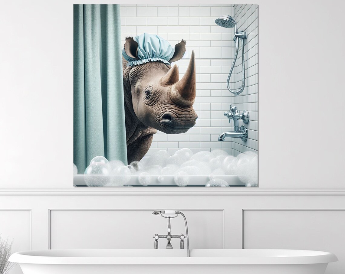 Gentle Rhino With Blue Shower Cap Peeking From Shower Curtain Poster