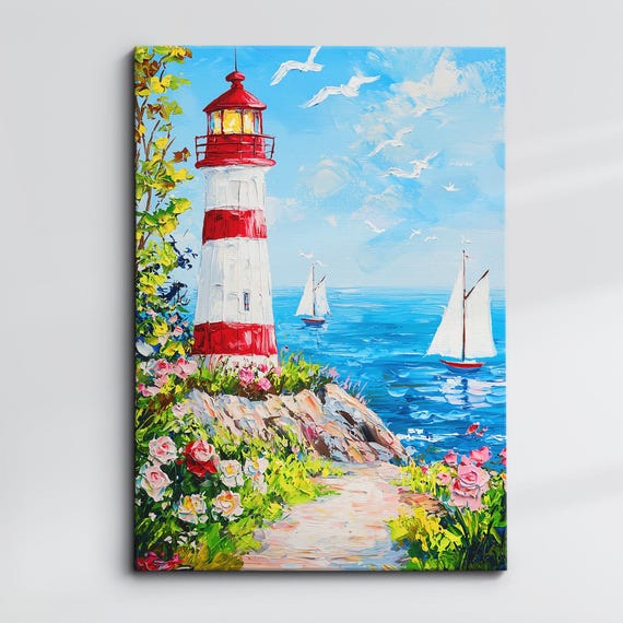 Lighthouse Oil Painting Canvas Wall Art Coastal Nautical Decor Ocean Seascape Framed Poster Print Home Gift For Sea Lovers
