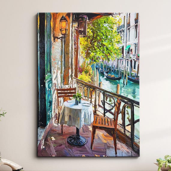 Venice Italy Canal Seating Europe Abstract Oil Modern Painting Wall Art Framed Canvas Poster Print Living Room Home Decor Traveler Gift