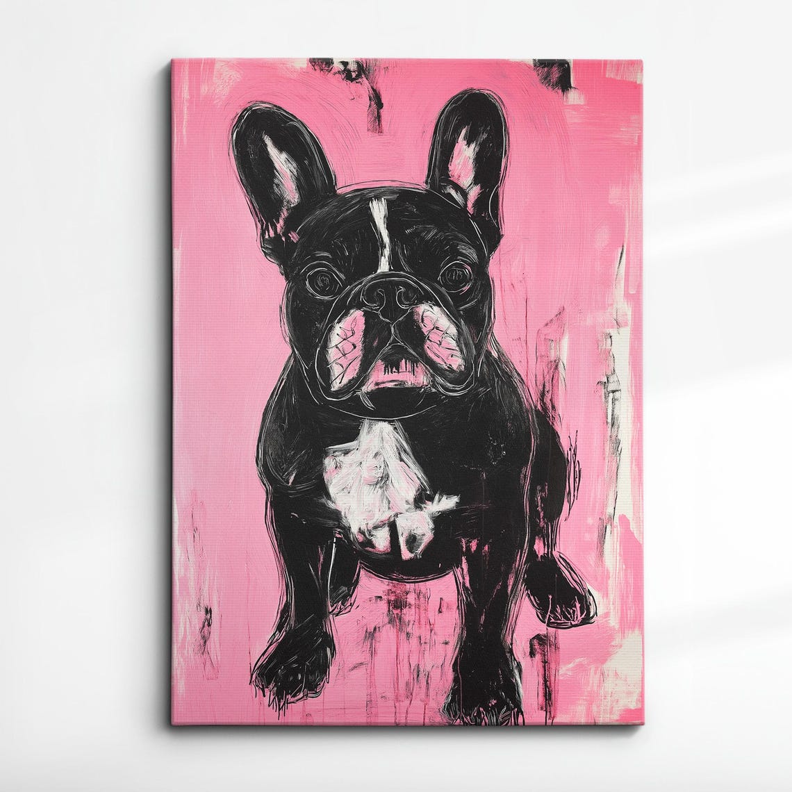 French Bulldog Fun Pink Animal Dog Pet Lover Oil Painting Wall Art Framed Canvas Poster Print Home Kitchen Living Room Decor Gifts