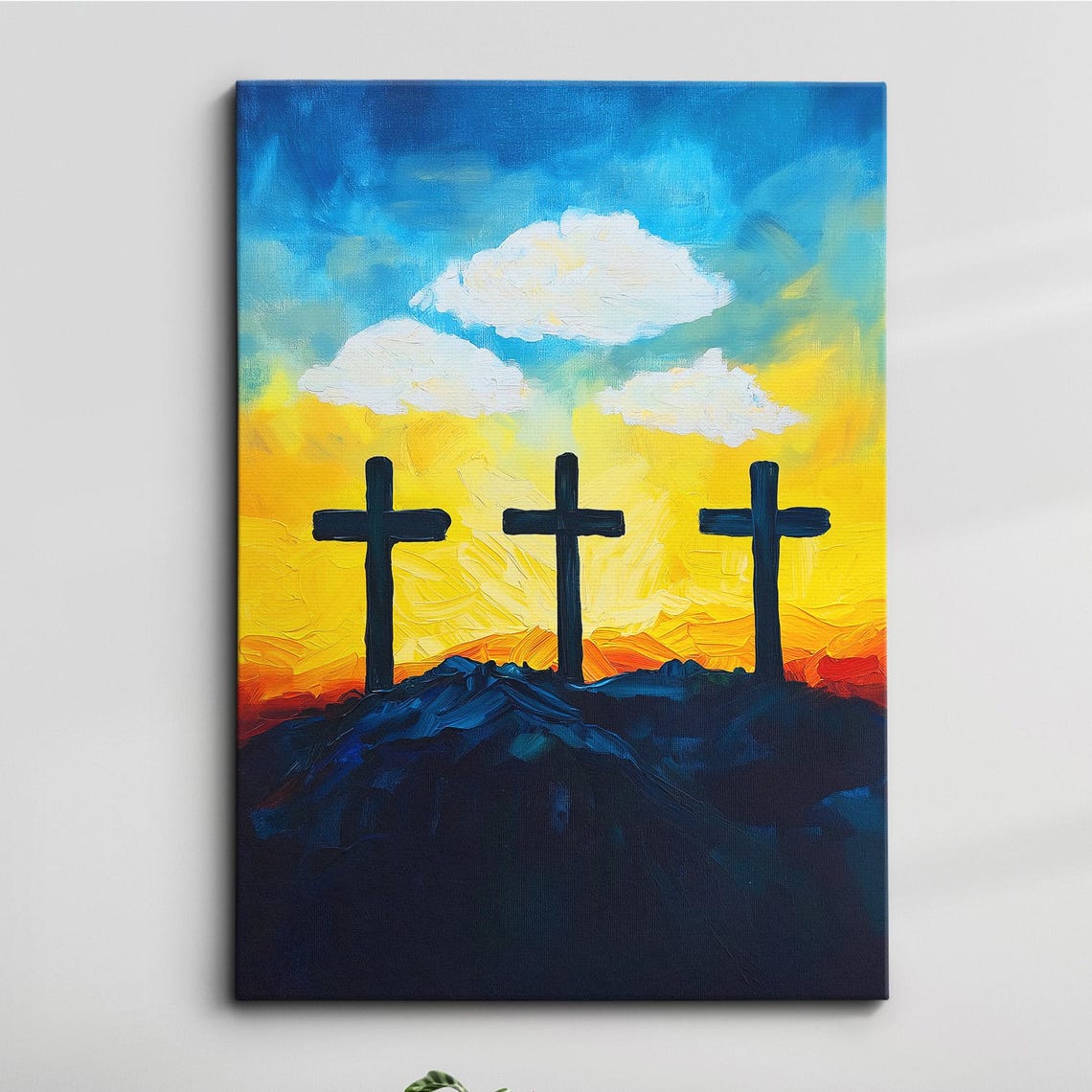 Three Crosses Against Golden Sunset Modern Religious Wall Poster