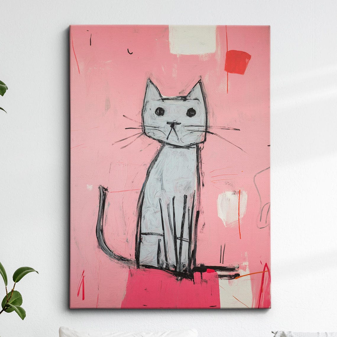 Pink Abstract Sketch Cat Gray Modern Minimalist Fun Art Poster