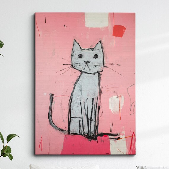 Pink Abstract Sketch Cat Gray Modern Minimalist Fun Art Poster