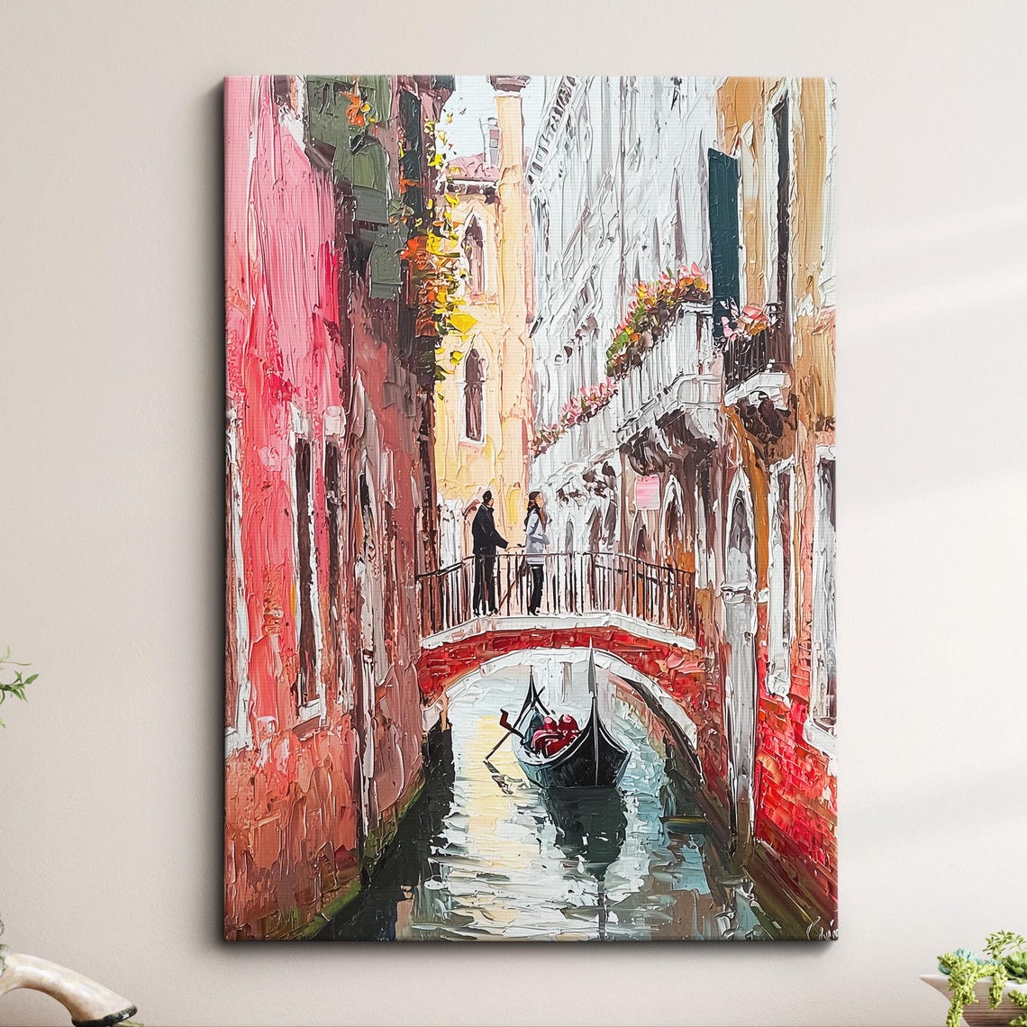 Venice Canal Gondola Under Bridge Colorful Oil Painting Wall Art