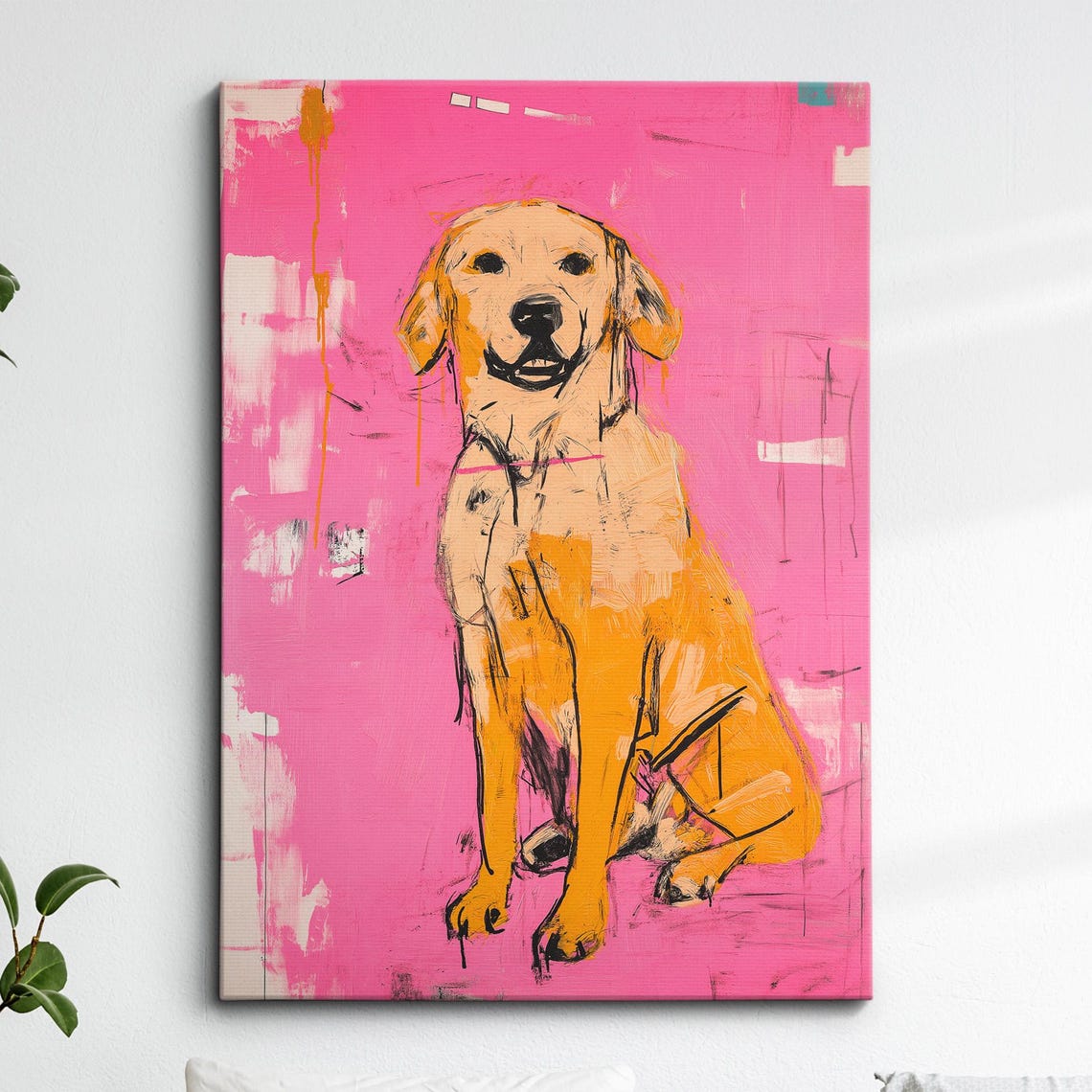 Golden Retriever Fun Pink Animal Dog Pet Lover Oil Painting Wall Art Framed Canvas Poster Print Home Kitchen Living Room Decor Gifts