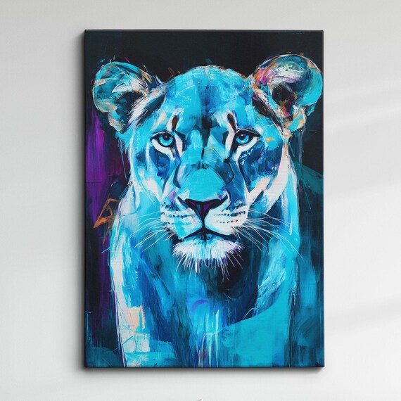 Blue Lioness Portrait Purple Accents Modern Abstract Wildlife Poster