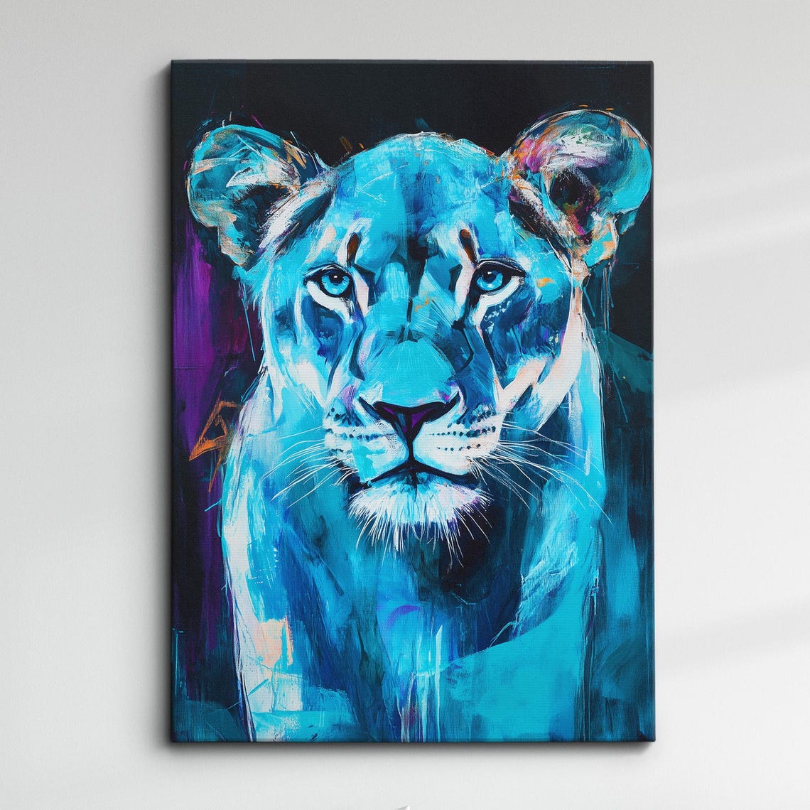 Blue Lioness Portrait Purple Accents Modern Abstract Wildlife Poster