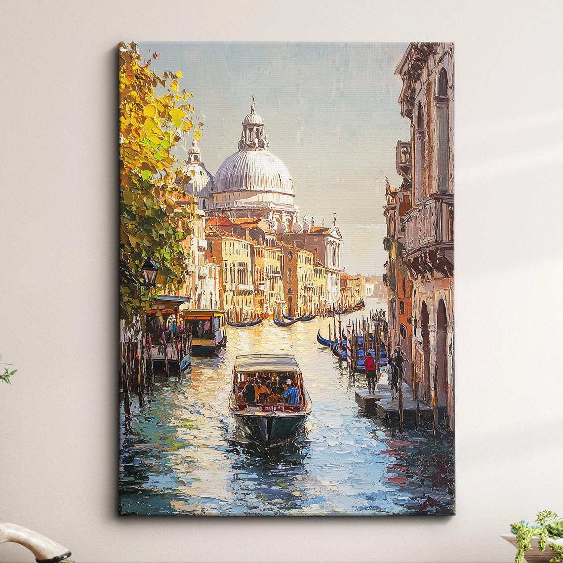 Venice Canal Water Bus at Sunset with Gondolas Moored Nearby Poster