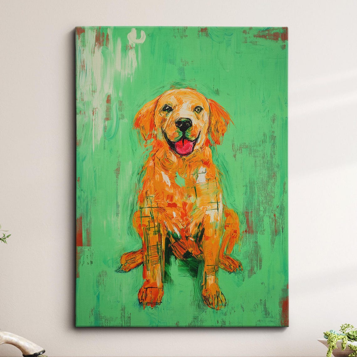 Happy Golden Retriever Puppy on Green Abstract Canvas Art Print