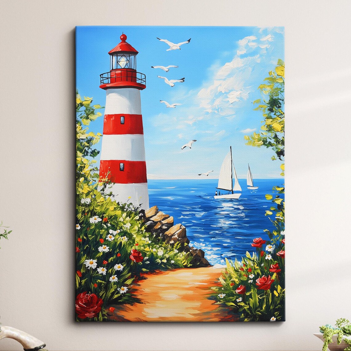 Lighthouse Poppies Sailboats Sunny Coastal Oil Painting Poster