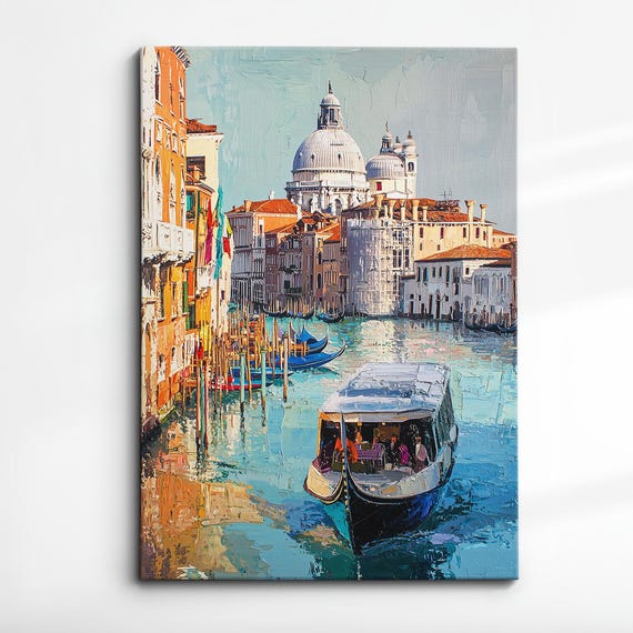 Venice Italy Canal Taxi Boat Europe Abstract Oil Modern Painting Wall Art Framed Canvas Poster Print Living Room Home Decor Traveler Gift