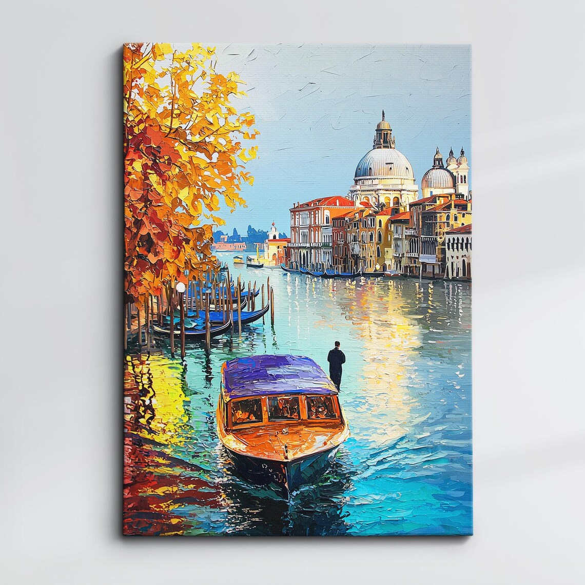 Venice Autumn Canal Boat With Salute Domes Oil Painting Poster