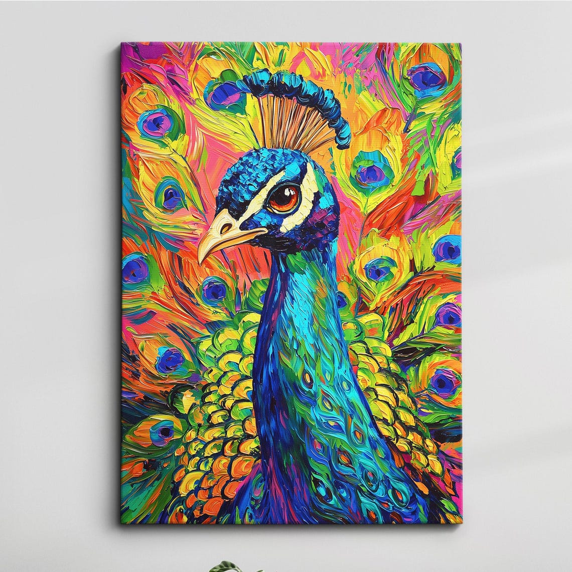 Colorful Peacock Portrait Impasto Oil Painting Vibrant Bird Wall Art