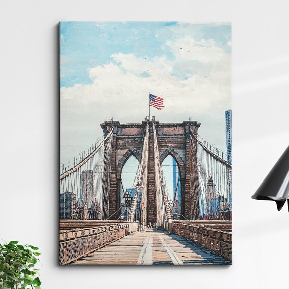 Brooklyn Bridge Tower Front View Flag Oil Painting NYC Poster