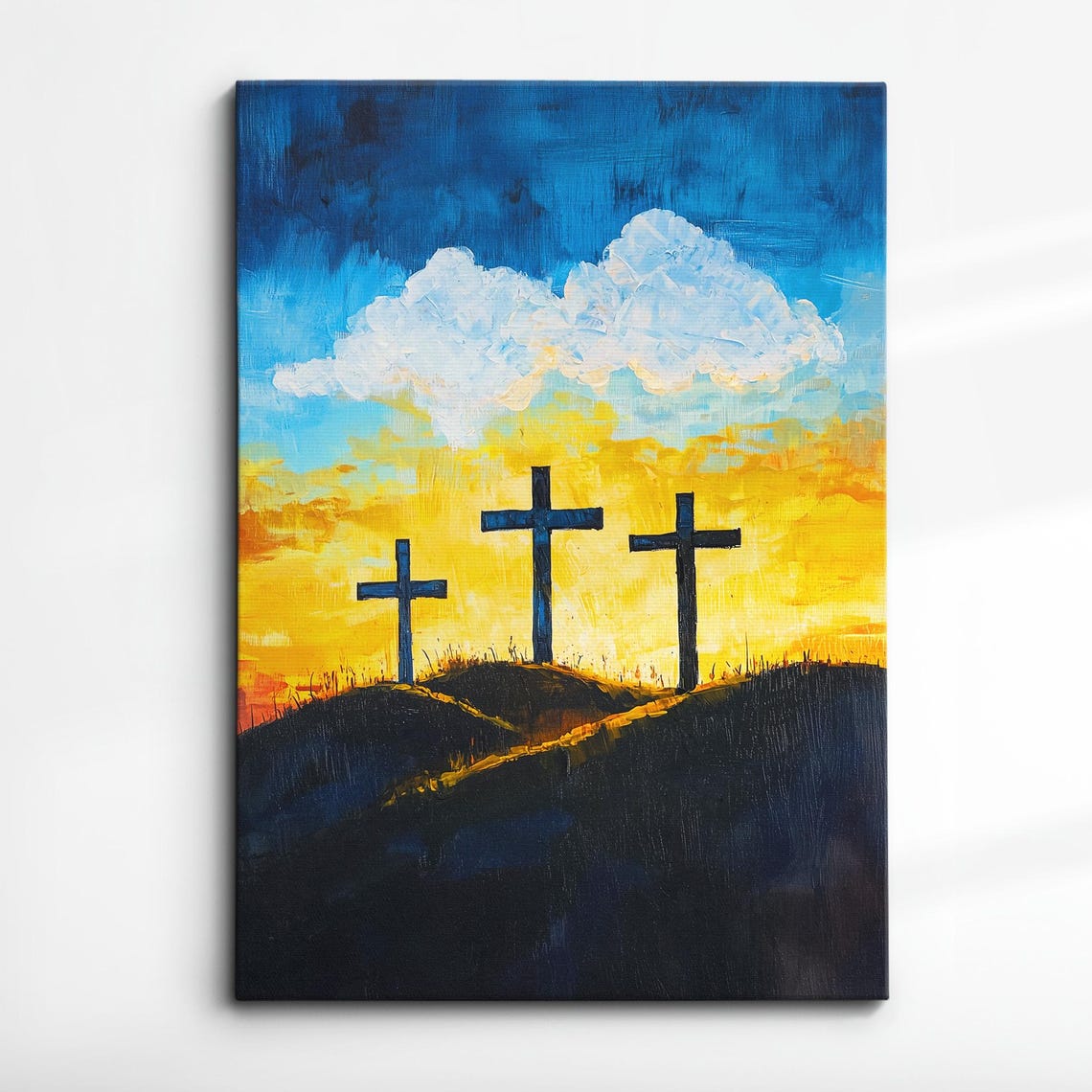 Three Crosses at Sunset Yellow Sky Christian Religious Art Print