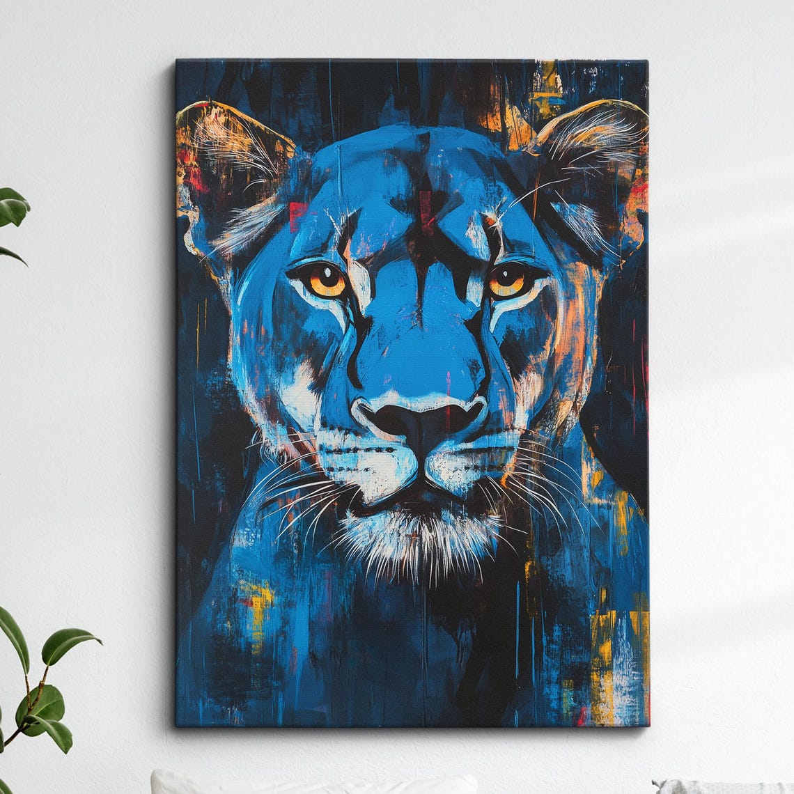 Blue Orange Lioness Brushstroke Painting Modern Wildlife Art Print
