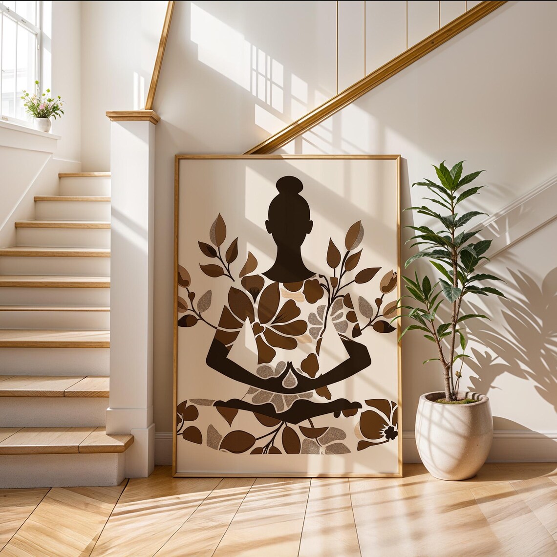 Monochrome Floral Meditating Woman Serene Fine Zen Yoga Wall Art - Image 3