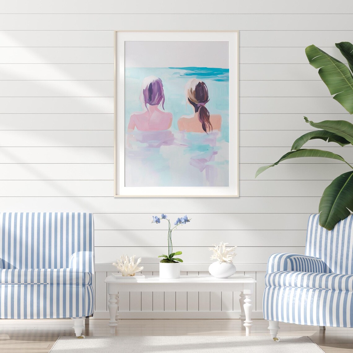 Two Women Swimming Pastel Ocean Poster Friendship Summer Decor - Image 2