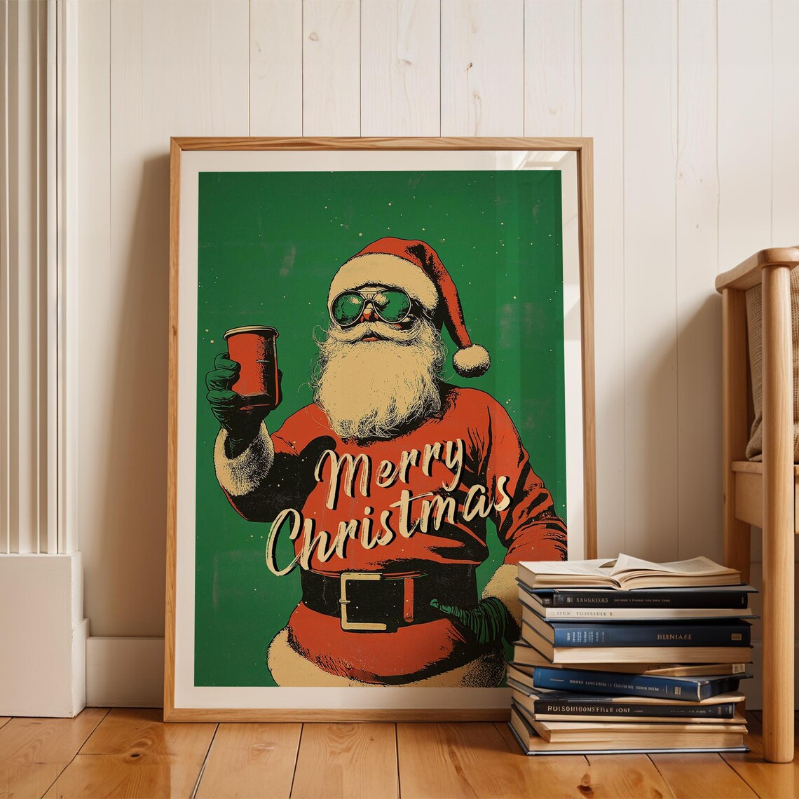 Cheers Santa Claus Raising Glass Aviator Shades Green Xmas Wall Art - Image 4
