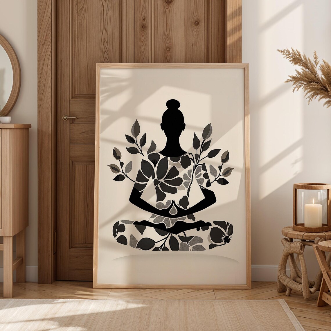 Black Yoga Silhouette Floral Poster Monochrome Zen Meditation Art - Image 4
