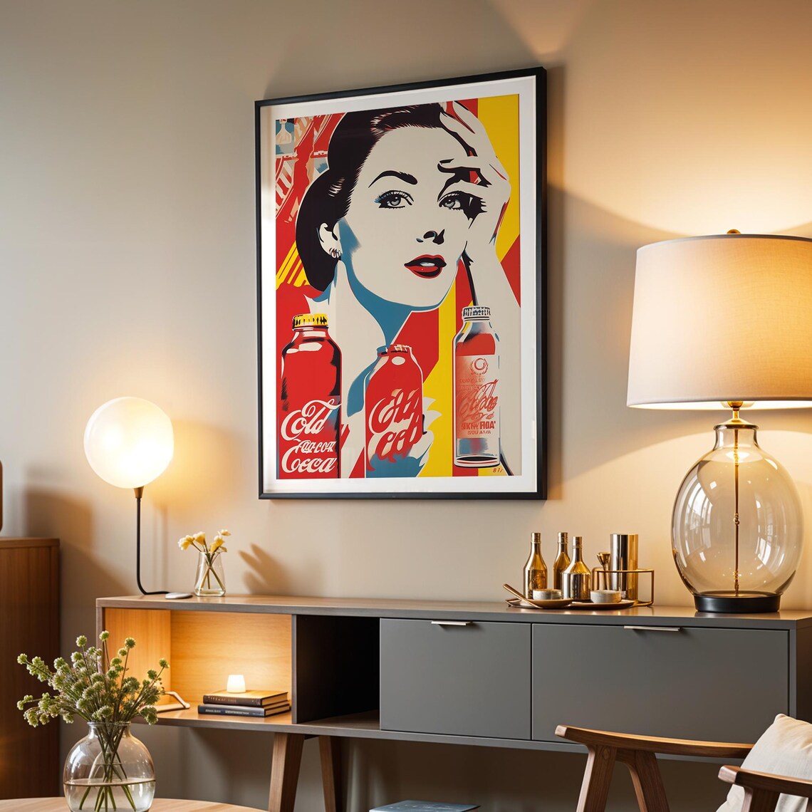 Retro Pop Art Woman Vintage Soda Bottles Red Yellow Kitchen Wall Art - Image 4