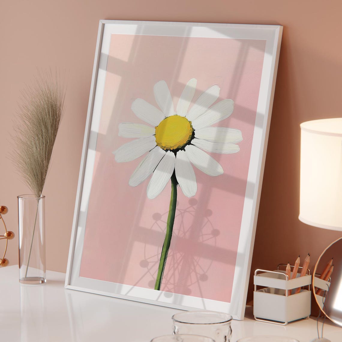 White Daisy Flower On Blush Pink Painterly Botanical Art Poster - Image 4