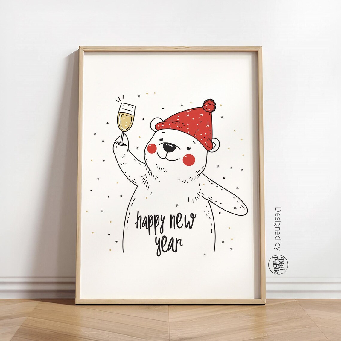 Cute Polar Bear Toasting Champagne Happy New Year Winter Party Decor Poster