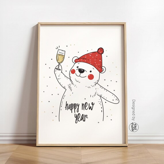 Cute Polar Bear Toasting Champagne Happy New Year Winter Party Decor Poster