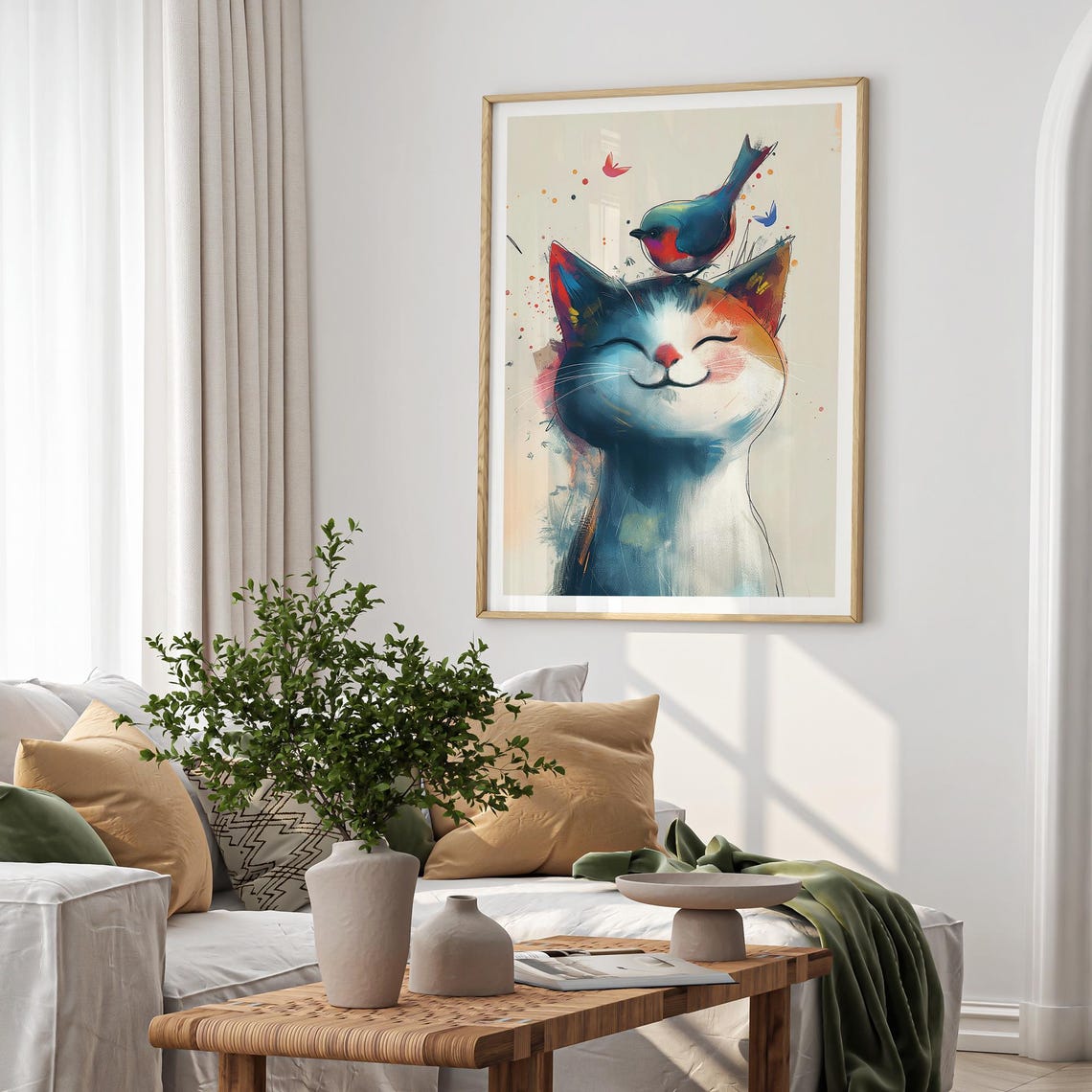 Cute Smiling Cat with Bird on Head Watercolor Whimsical Nursery Poster - Image 2