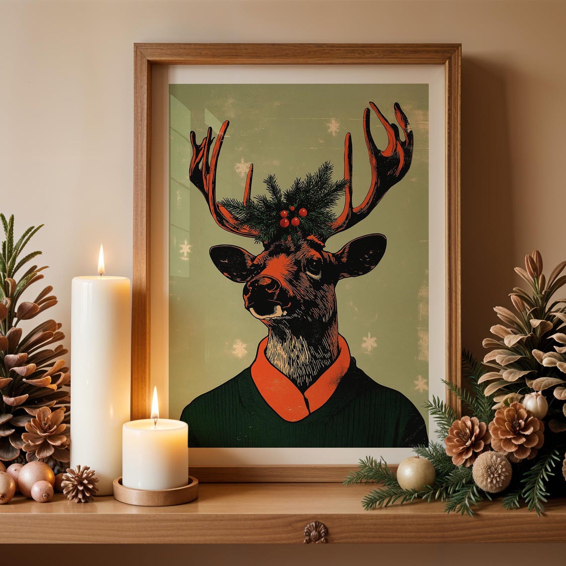 Funny Reindeer Green Sweater Sunglasses Pine Berries Holiday Wall Art - Image 4