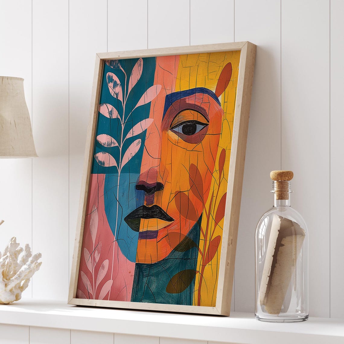 Abstract Boho Face Portrait With Botanical Leaves Art Poster - Image 3