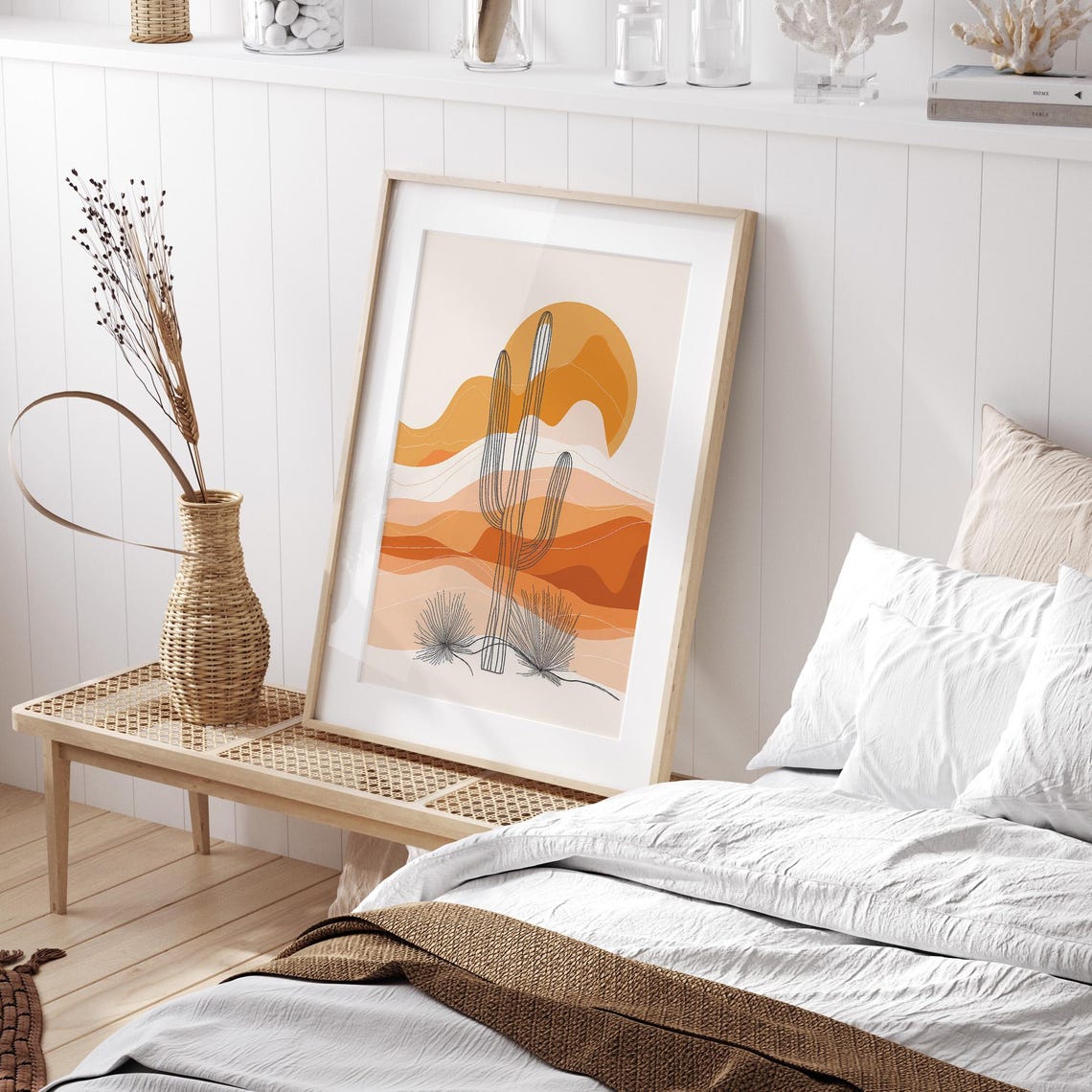 Desert Saguaro Cactus Sunset Line Art Boho Style Wall Poster - Image 3