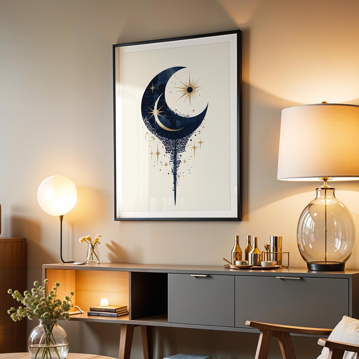 Celestial Crescent Moon Art Print, Boho Geometric Decor - Image 2