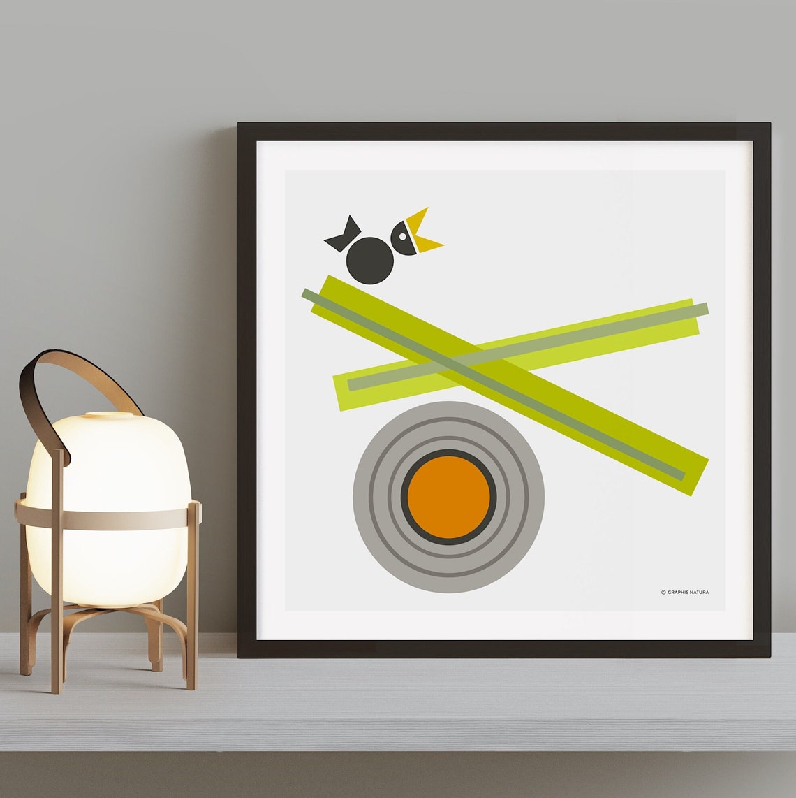 Geometric Bird in Tall Grass With Orange Sun Circle Art Poster - Image 2