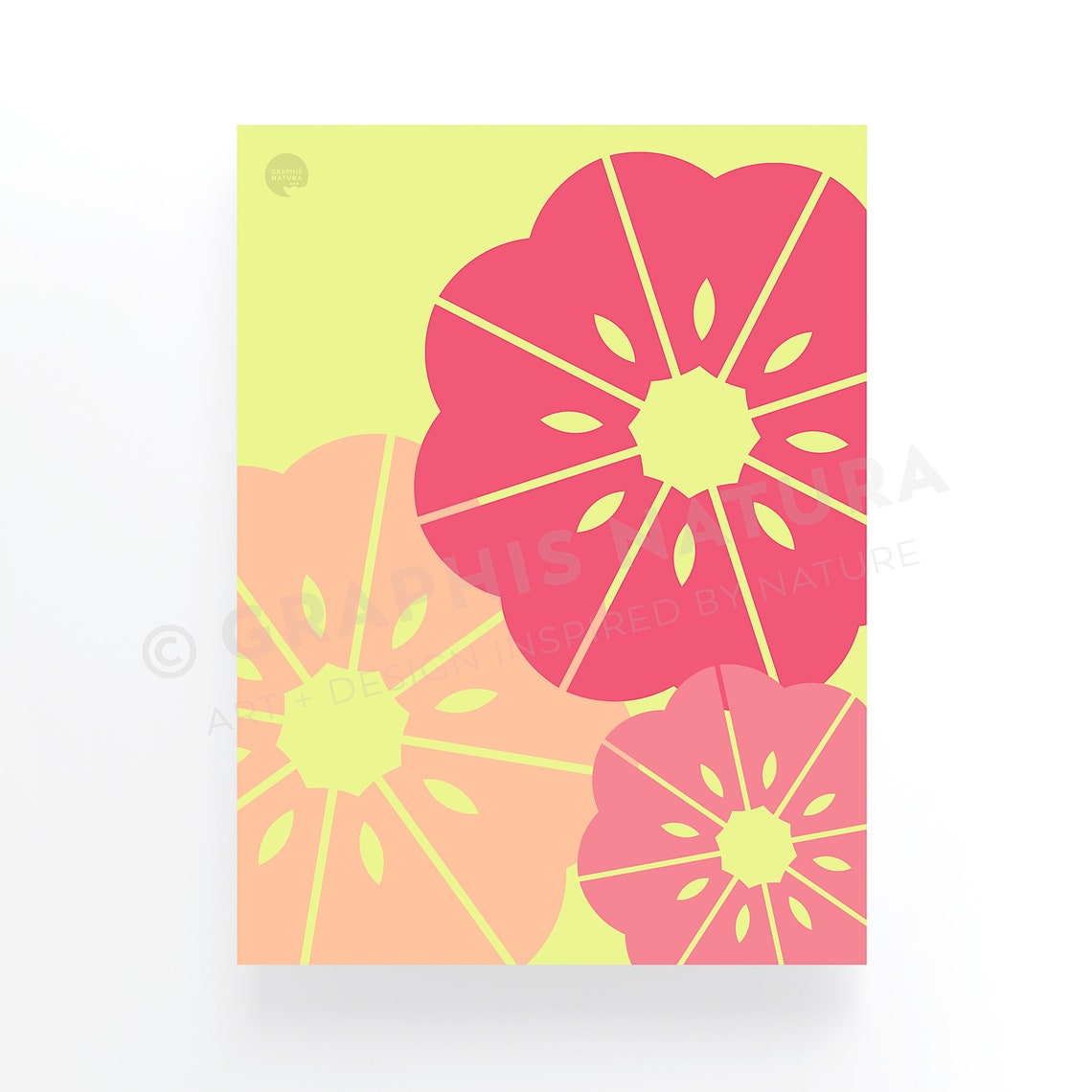Watermelon Pink Geometric Blooms Poster Lime Ground Floral Art - Image 3