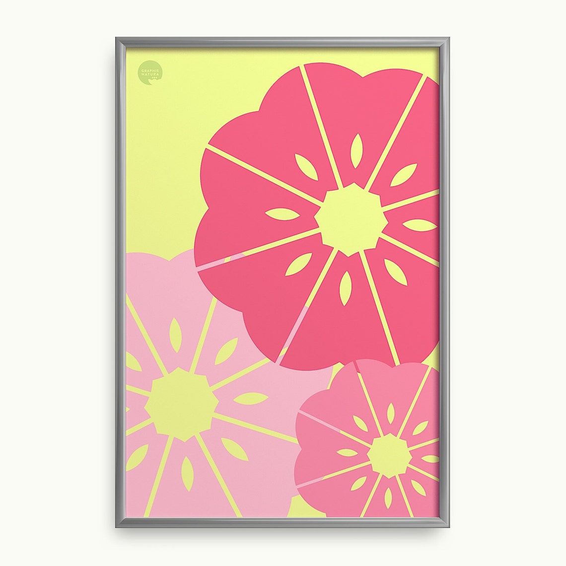 Watermelon Pink Geometric Blooms Poster Lime Ground Floral Art - Image 4