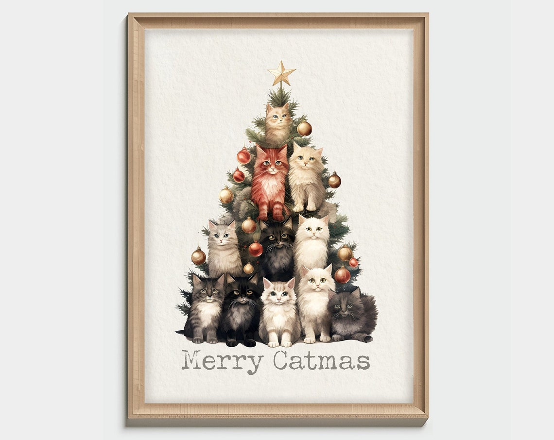 Merry Catmas Christmas Tree Cats Watercolor Holiday Animal Poster