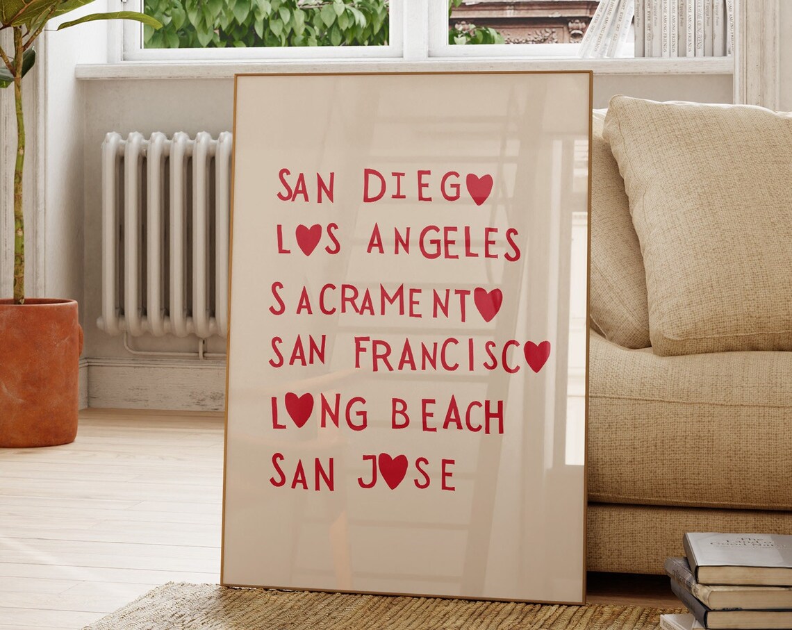 California Cities San Diego Los Angeles Heart List Travel Wall Art - Image 4