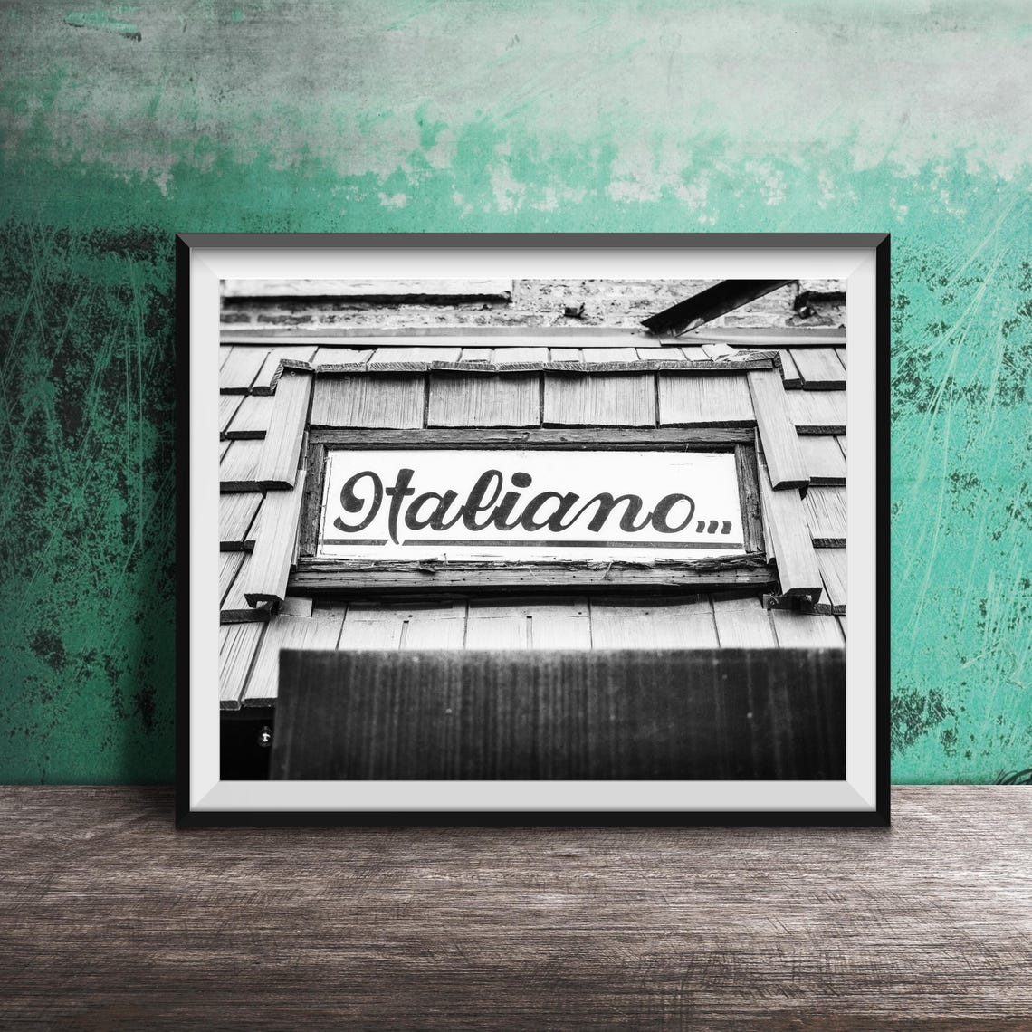Italiano Script Sign Rustic Wooden Shingle Black White Photo Print