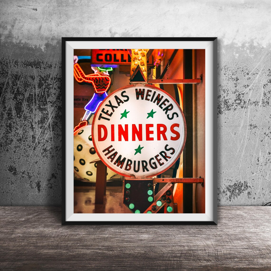 Texas Weiners Dinners Hamburgers Round Neon Sign Photography Poster