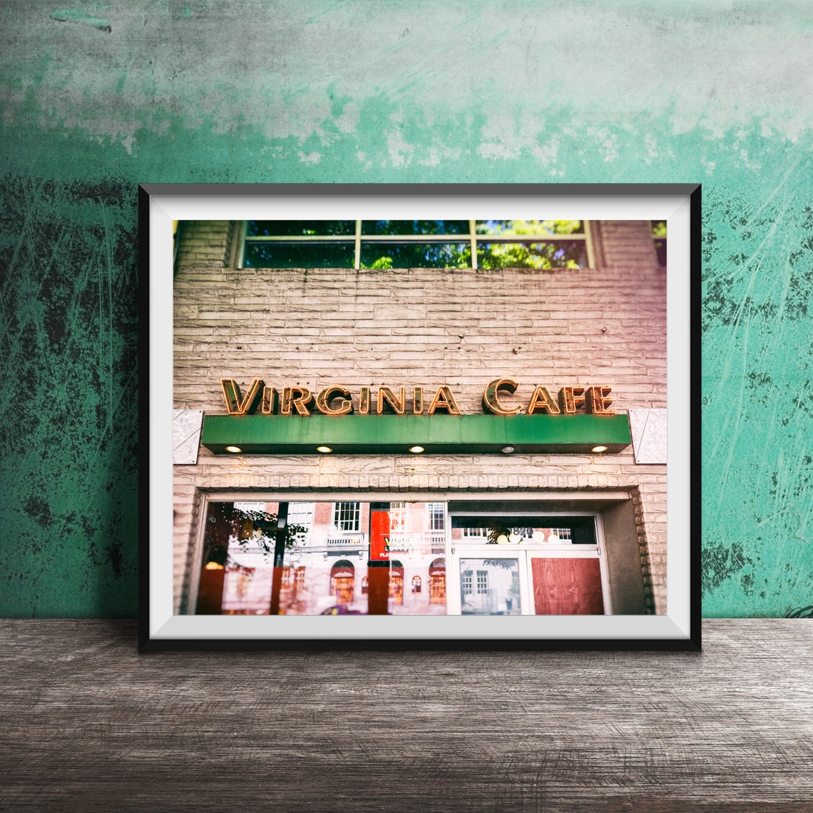 Virginia Cafe Vintage Neon Sign on Brick Building Photography Poster