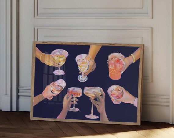 Bar Cart Cheers Poster, Vintage Drinks Art Print