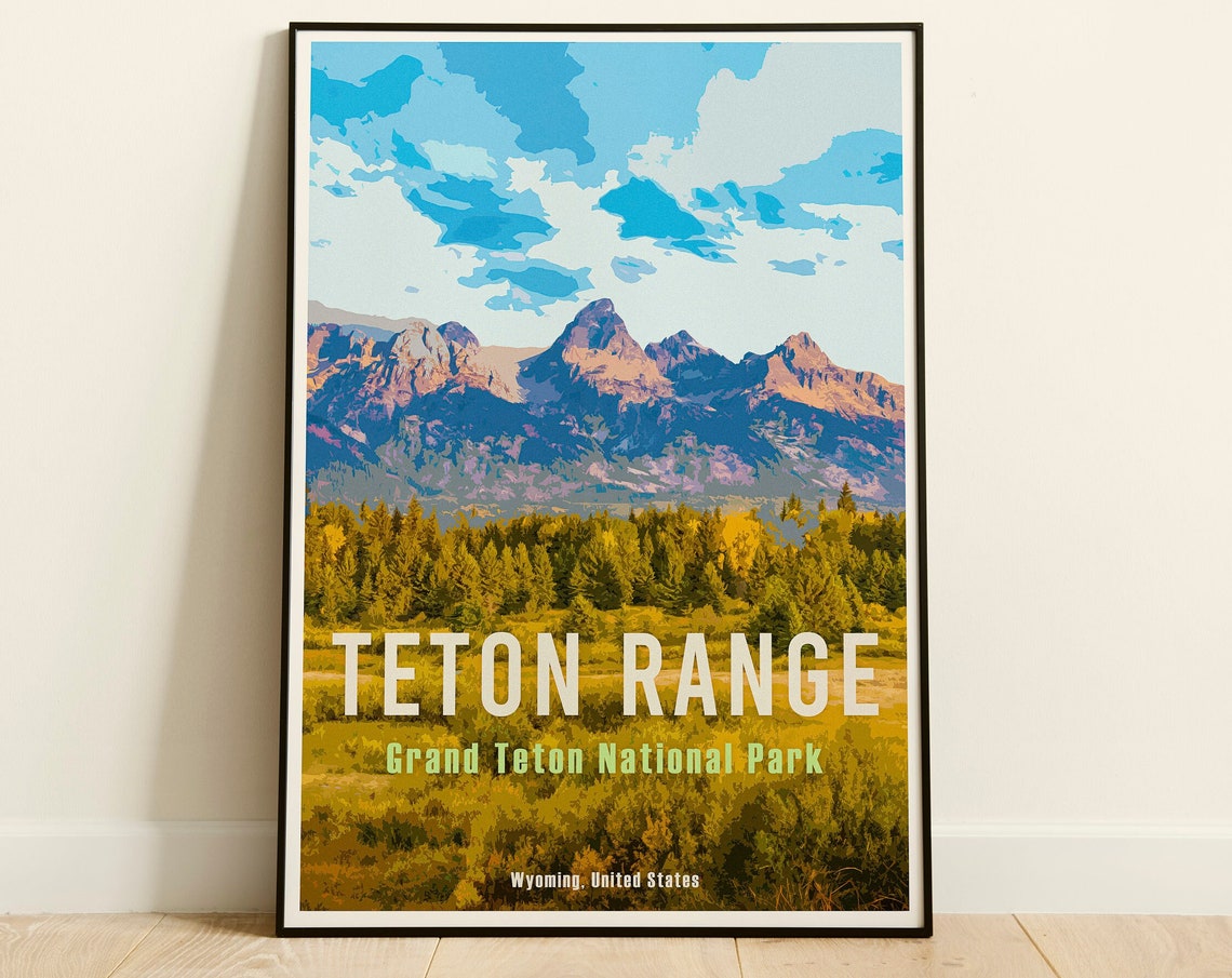 Grand Teton Retro Travel Poster Teton Range Art Usa Rockies Poster Hiking Usa Print Vintage Usa Travel Poster Grand Teton National Park